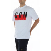 T-shirt blanc en coton à manches courtes et col rond avec des motifs noirs audacieux icon Inscription et bande rouge par icona, modèle IUT041