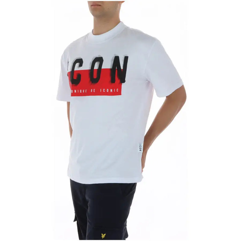 T-shirt blanc en coton à manches courtes et col rond avec des motifs noirs audacieux icon Inscription et bande rouge par icona, modèle IUT041