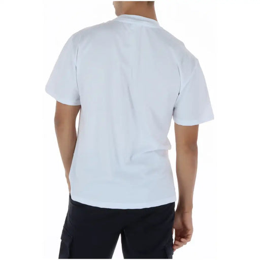 Icon T-shirt blanc en coton à col rond et imprimé pour homme iut041, avec un motif à manches courtes et col rond.