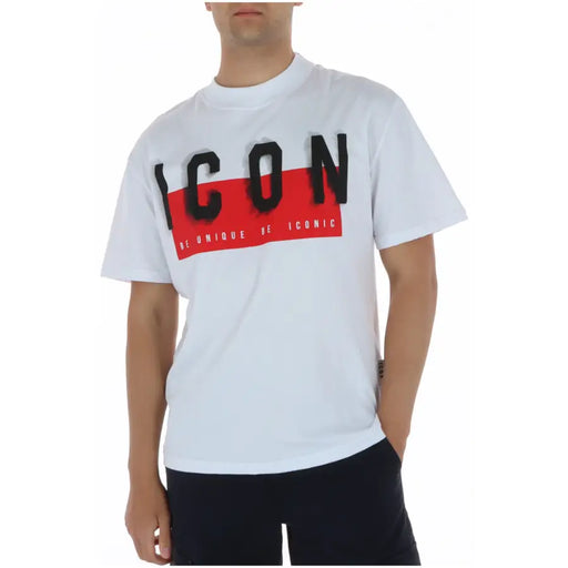 T-shirt blanc en coton à col rond avec des motifs noirs audacieux icon Inscription sur fond rouge et soyez unique, soyez iconique, impression ci-dessous