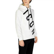 Icon men white hooded sweatshirt with bold black vertical lettering and neon green inner lining shown from front view