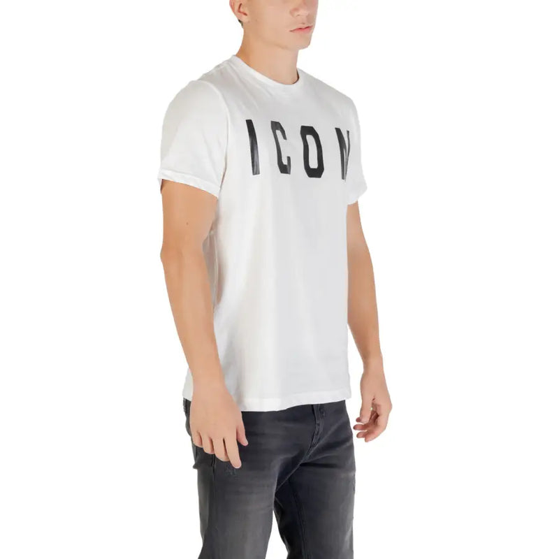 White round neck cotton t shirt for men with bold black icon lettering on the chest