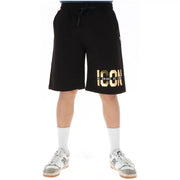 short de survêtement noir icon shorts noirs pour hommes avec des détails dorés icon logo et texte sur la jambe gauche vue de face