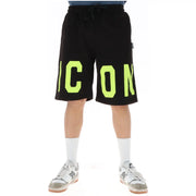Icon Short de survêtement noir pour homme avec des détails vert fluo éclatants icon lettrage, vue de face