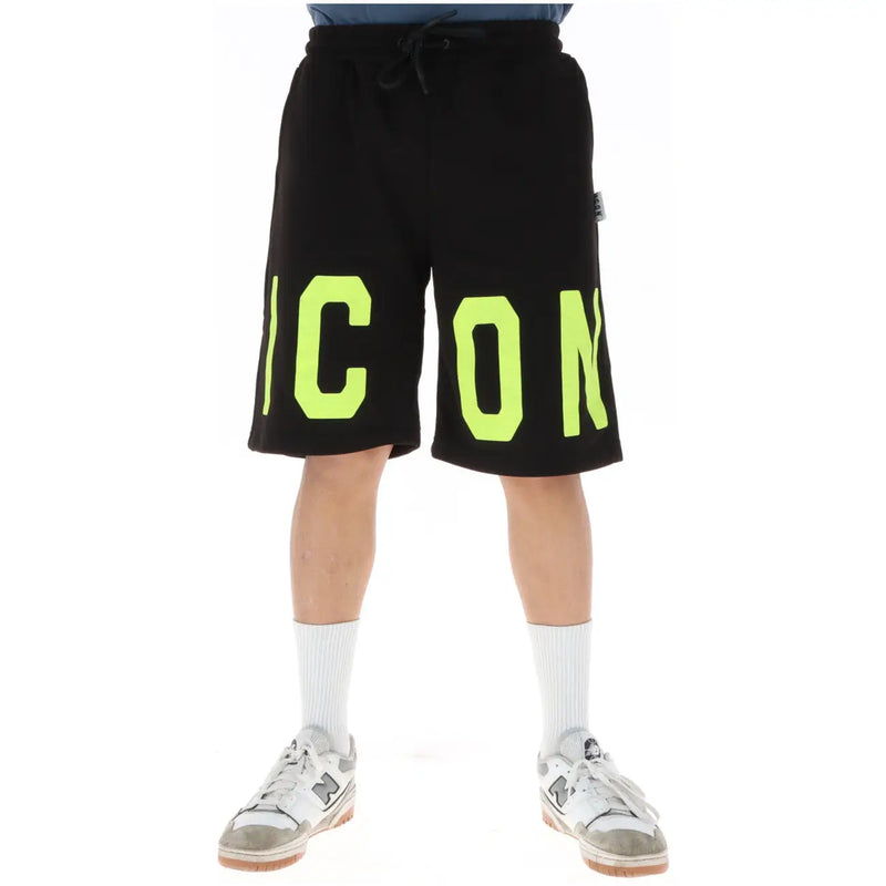 Icon Short de survêtement noir pour homme avec des détails vert fluo éclatants icon lettrage, vue de face