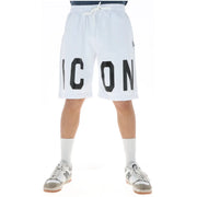Icon shorts blancs pour hommes avec des motifs noirs audacieux icon Inscription et ceinture à cordon de serrage, vue de face