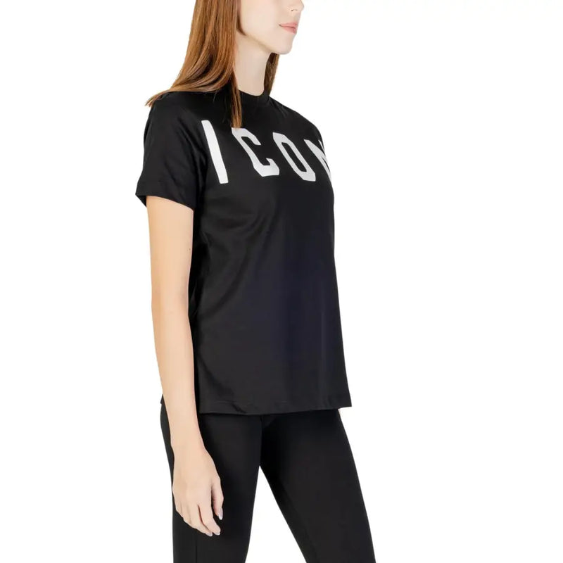 Icon women black cotton t-shirt with bold white icon lettering on the chest and short sleeves