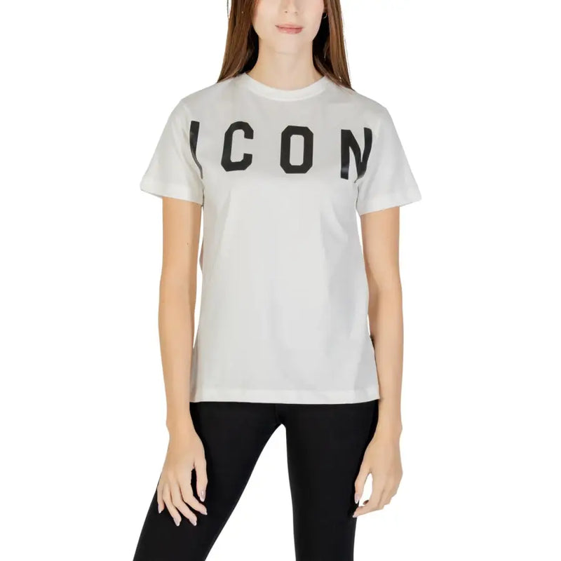 White short-sleeved Icon t-shirt with bold black print on chest