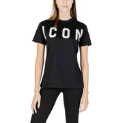 Black cotton women t-shirt with short sleeves and bold white icon lettering across the chest
