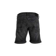 Black denim shorts with rolled cuffs and multiple pockets.