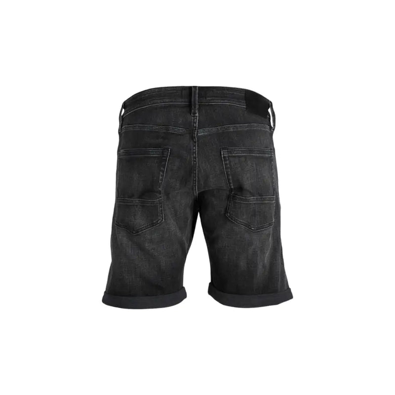 Black denim shorts with rolled cuffs and multiple pockets.