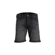 Black denim shorts with distressed details and rolled hem.