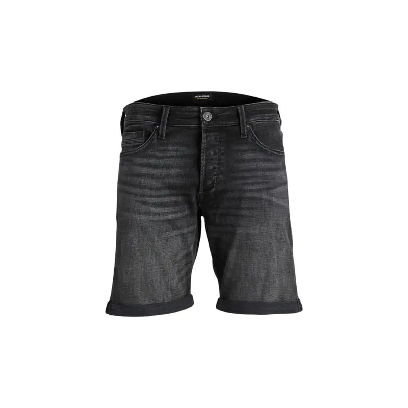 Black denim shorts with distressed details and rolled hem.