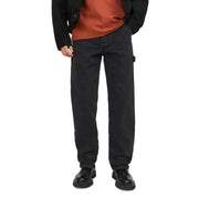 Black cargo pants with multiple pockets and a drawstring waistband, likely made of cotton or polyester blend.