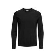 Black long-sleeved crew neck sweater with ribbed cuffs and hem, likely made of cotton or a similar soft material.