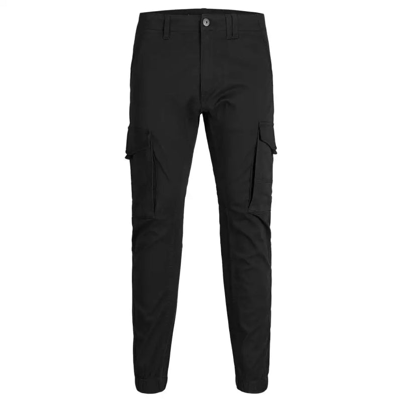 Jack & Jones Pantalon cargo noir pour homme en mélange de coton avec de multiples poches et fermeture à boutons (vue de face)