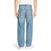 Blue denim cargo pants with multiple pockets and a relaxed fit.