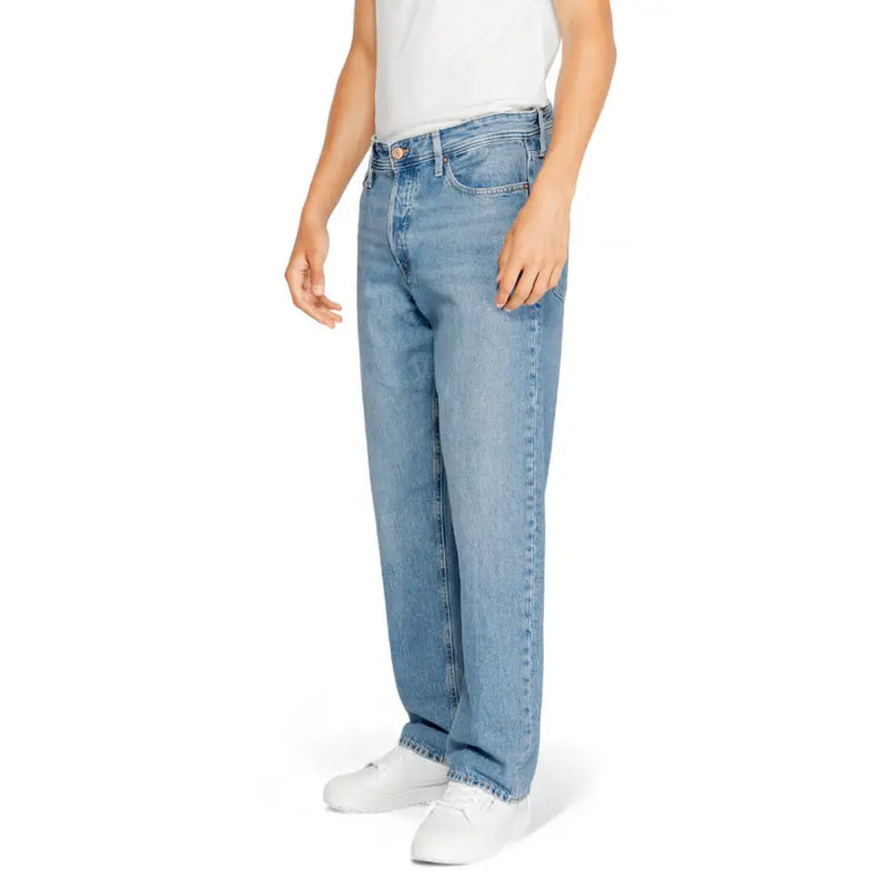 Light blue denim jeans with straight leg fit and white stitching, brand unknown.