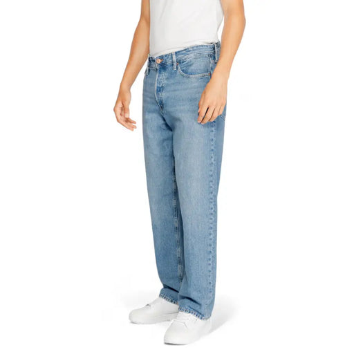 Light blue denim jeans with straight leg fit and white stitching, brand unknown.