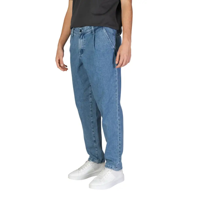 Jack & Jones blue cotton jeans for men featuring light-wash denim with a relaxed straight-leg cut and classic stitching