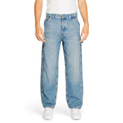 Light blue denim jeans with a relaxed fit and straight leg design, featuring subtle distressing.