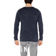 Back view of a dark gray jack & jones blue cotton knit pullover for men with white lettering on the lower back