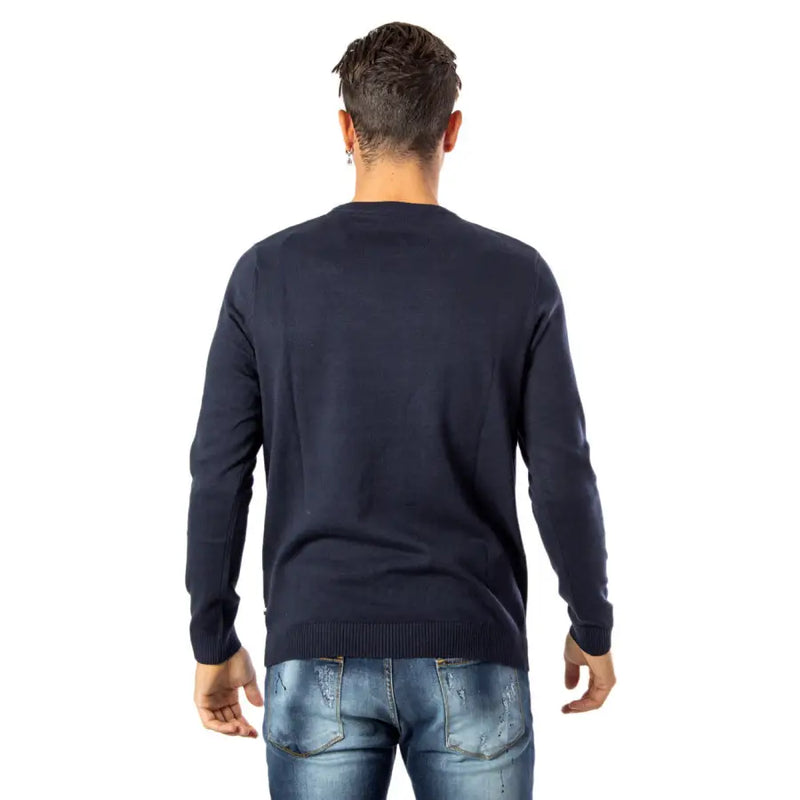 Navy blue long-sleeved cotton knit sweater with round neck by Jack and Jones for casual wear
