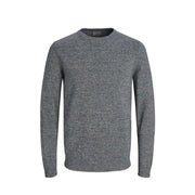 Charcoal gray crew neck sweater with a subtle speckled texture and ribbed cuffs, inspired by jack & jones.