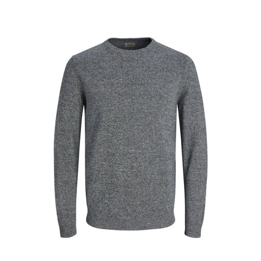Charcoal gray crew neck sweater with a subtle speckled texture and ribbed cuffs, inspired by jack & jones.