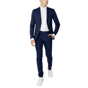 Navy blue tailored Jack and Jones spring summer suit with matching trousers and white dress shirt for men