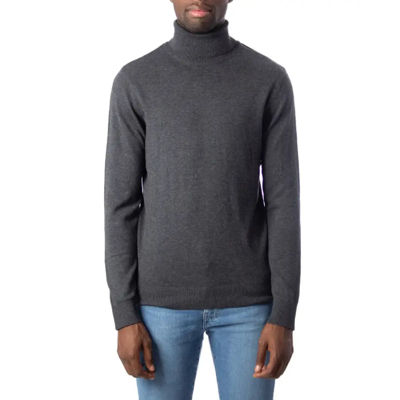 Jack & Jones blue turtleneck sweater for men in dark gray finely knit fabric with ribbed collar and cuffs
