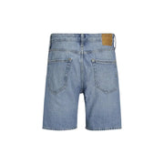 Blue denim shorts with back pockets and a brown leather patch on the right side.