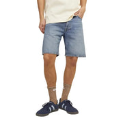 Light blue denim shorts with a classic fit and subtle distressing, featuring a popular brand logo on the back pocket.