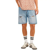 Light blue denim shorts with distressed details and white stripes on the socks.