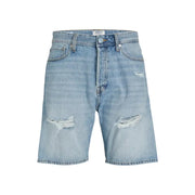 Short en coton bleu clair Jack & Jones pour homme, en denim délavé clair avec des trous effilochés et usés aux genoux et une coupe à cinq poches.