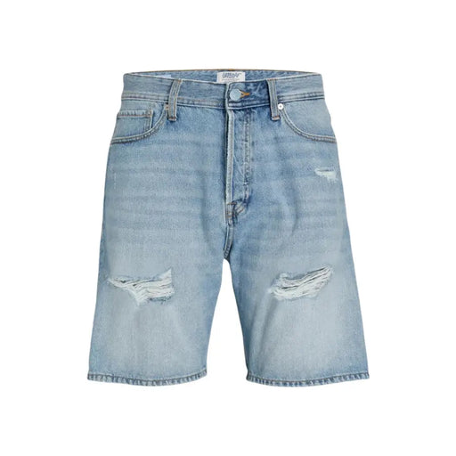 Short en coton bleu clair Jack & Jones pour homme, en denim délavé clair avec des trous effilochés et usés aux genoux et une coupe à cinq poches.