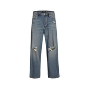 Blue distressed jeans with high-waisted fit and light wash color.