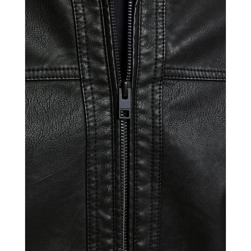 Blazer long zippé noir en polyester pour homme Jack & Jones, avec fermeture éclair centrale et détails de coutures apparentes.