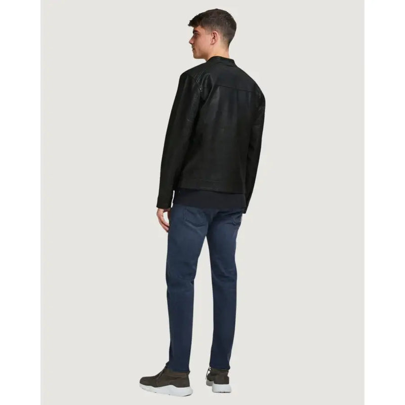 Blazer long zippé noir en polyester pour homme Jack & Jones, orné de surpiqûres discrètes sur une matière rappelant le cuir noir.