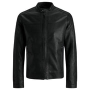 Veste de moto Jack and Jones pour homme en similicuir noir, avec col montant et fermeture éclair sur le devant.