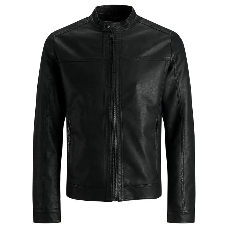 Veste de moto Jack and Jones pour homme en similicuir noir, avec col montant et fermeture éclair sur le devant.