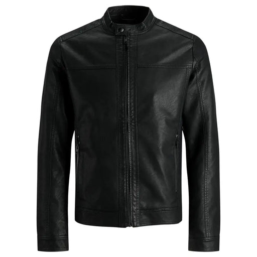 Veste de moto Jack and Jones pour homme en similicuir noir, avec col montant et fermeture éclair sur le devant.