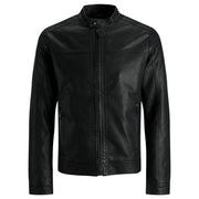 Jack and jones men black faux leather motorcycle jacket with stand-up collar and front zipper detail