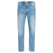 Jean bleu clair Jack & Jones pour homme, coupe droite, 100 % coton, avec étiquette Tommy Hilfiger à la ceinture.