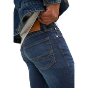 Jean Jack & Jones pour homme, bleu uni stretch, référence 12110056, en denim bleu foncé avec poches arrière cousues beiges.
