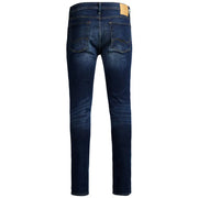 Jean slim stretch bleu uni pour homme Jack & Jones, avec un délavage subtil aux cuisses, de couleur bleu foncé.