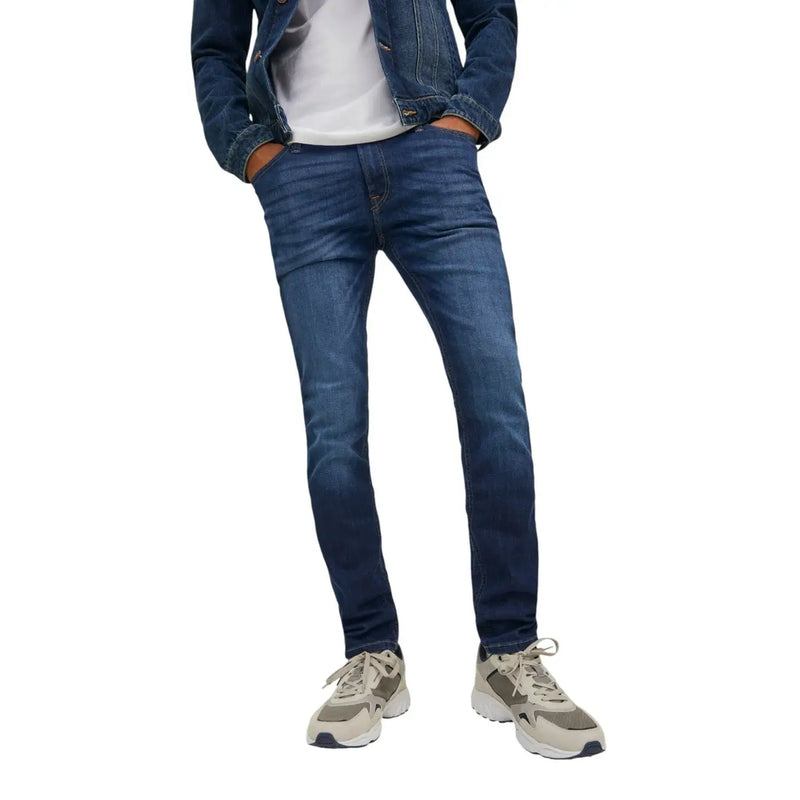 Dark blue slim-fit denim jeans with a worn-in look and classic stitching by Jack and Jones men blue plain stretch jeans 12110056
