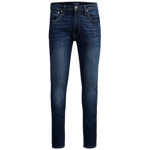 Jean slim en denim stretch bleu foncé pour homme de Jack and Jones, avec une coupe classique à cinq poches et un délavage subtil.