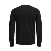 Jack and jones men knitwear black long round neck cotton crewneck sweater with ribbed cuffs and hem