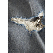 Un jean déchiré bleu clair pour homme de la marque Jack & Jones, en coton et élasthanne, avec un tissu denim usé, un délavage bleu clair et des bords effilochés.